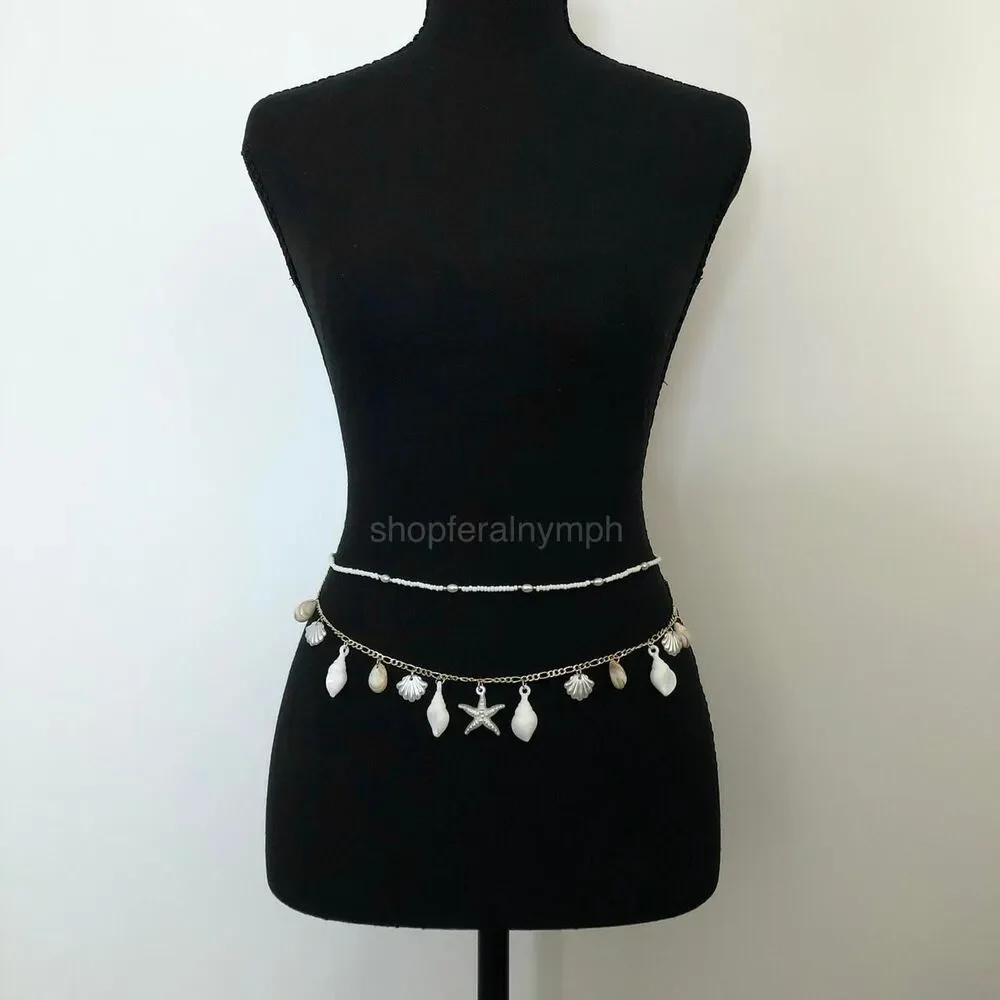 Mermaidcore Gold Shell Starfish Layered Chain Belt, Up to 33.5 Inches, X7GA1156